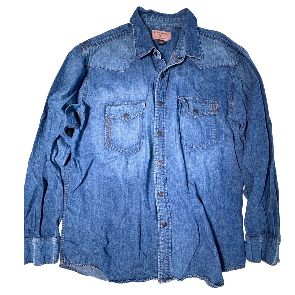 Bit & Bridle L Western Shirt Denim Thunderbird Embroidery 81984 Cotton Blue